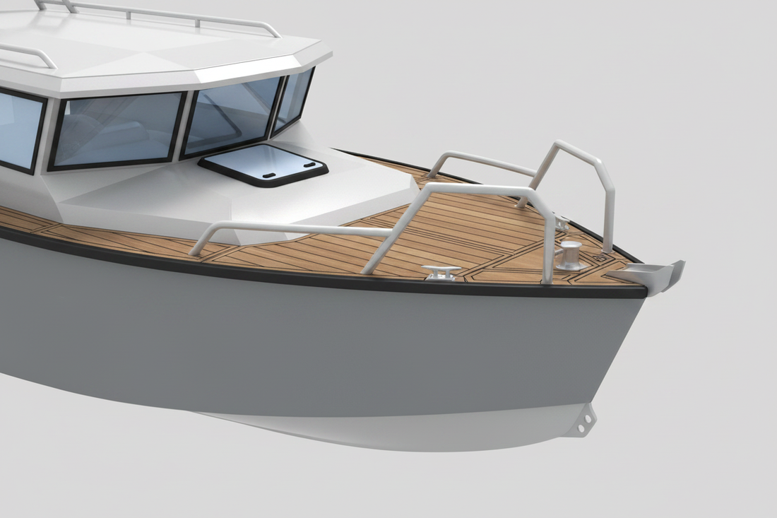 ARK aluminum cabin cruiser on the water